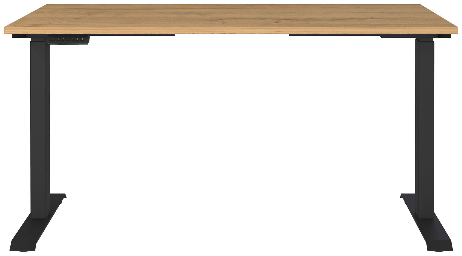 Moderner E-Schreibtisch mit Holzoberfläche und schwarzen Metallbeinen, Frontalansicht