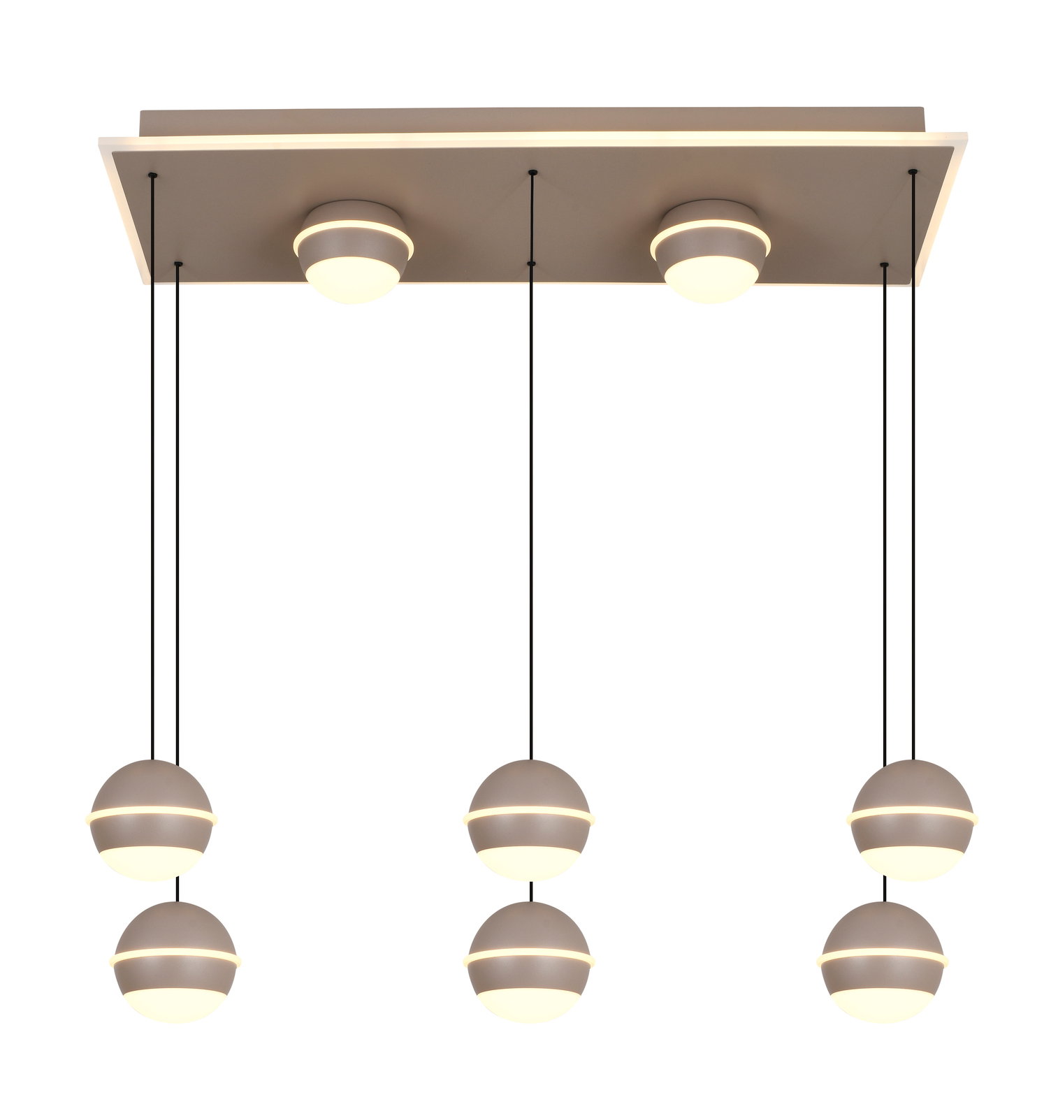 Moderne LED-Pendelleuchte mit sechs kugelförmigen Lampen, hängend an schwarzen Kabeln von einer rechteckigen Deckenplatte. Perspektive von unten.