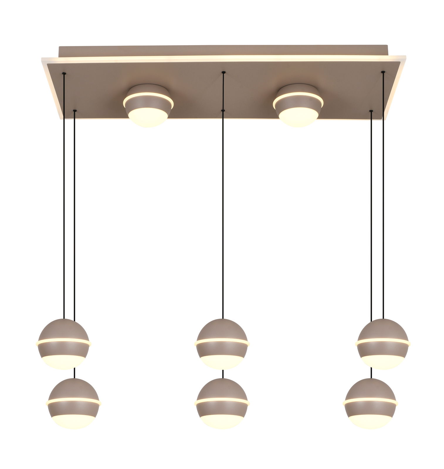 Moderne LED-Pendelleuchte mit sechs kugelförmigen Lampen, hängend an schwarzen Kabeln von einer rechteckigen Deckenplatte. Perspektive von unten.