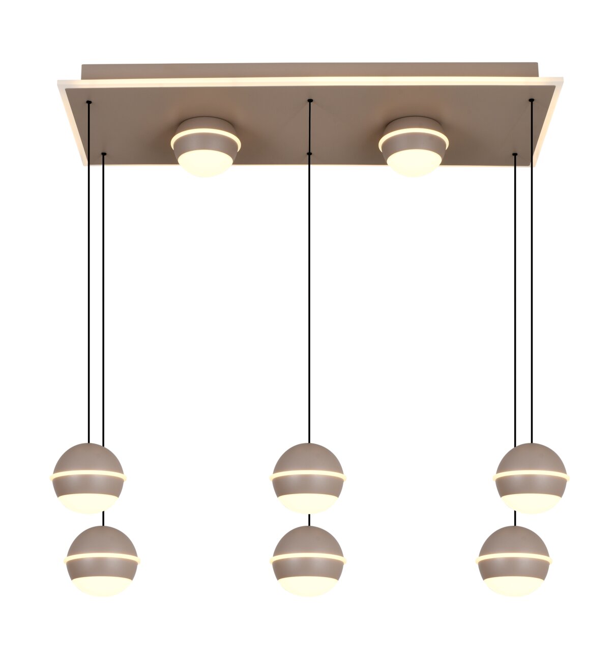 Moderne LED-hanglamp met zes bolvormige lampen, hangend aan zwarte kabels aan een rechthoekige plafondplaat. Aanzicht van onderaf.