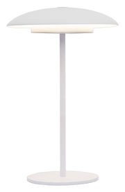 Moderne, weiße Akku-Tischleuchte SARDINIA mit rundem Schirm und schlankem Standfuß, seitliche Perspektive.