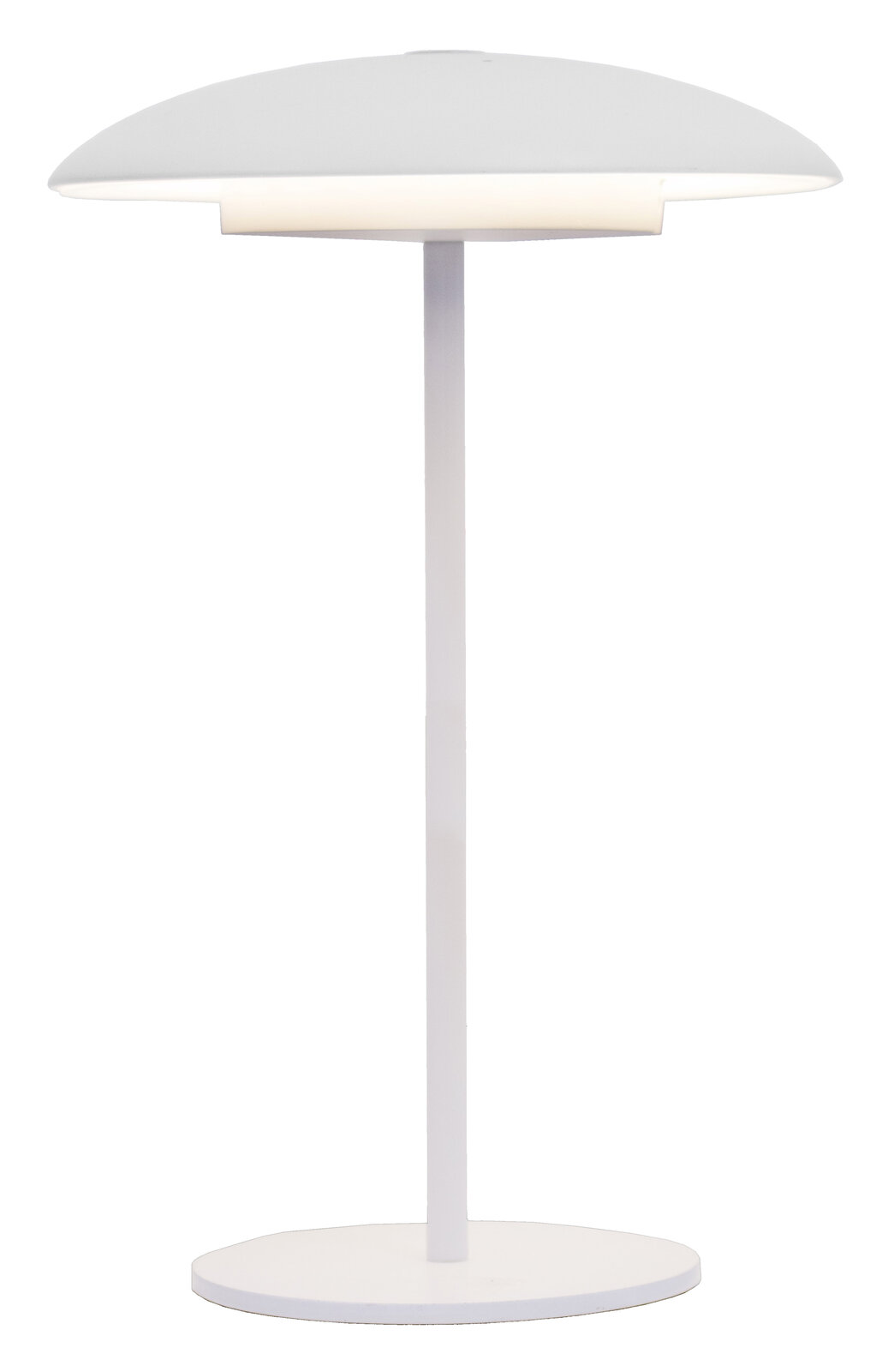 Moderne, weiße Akku-Tischleuchte SARDINIA mit rundem Schirm und schlankem Standfuß, seitliche Perspektive.