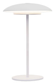 Moderne, weiße Akku-Tischleuchte SARDINIA mit rundem Schirm und schlankem Standfuß, seitliche Perspektive.