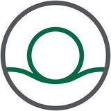 Logo mit grünem Kreis und stilisiertem Symbol in der Mitte, Draufsicht