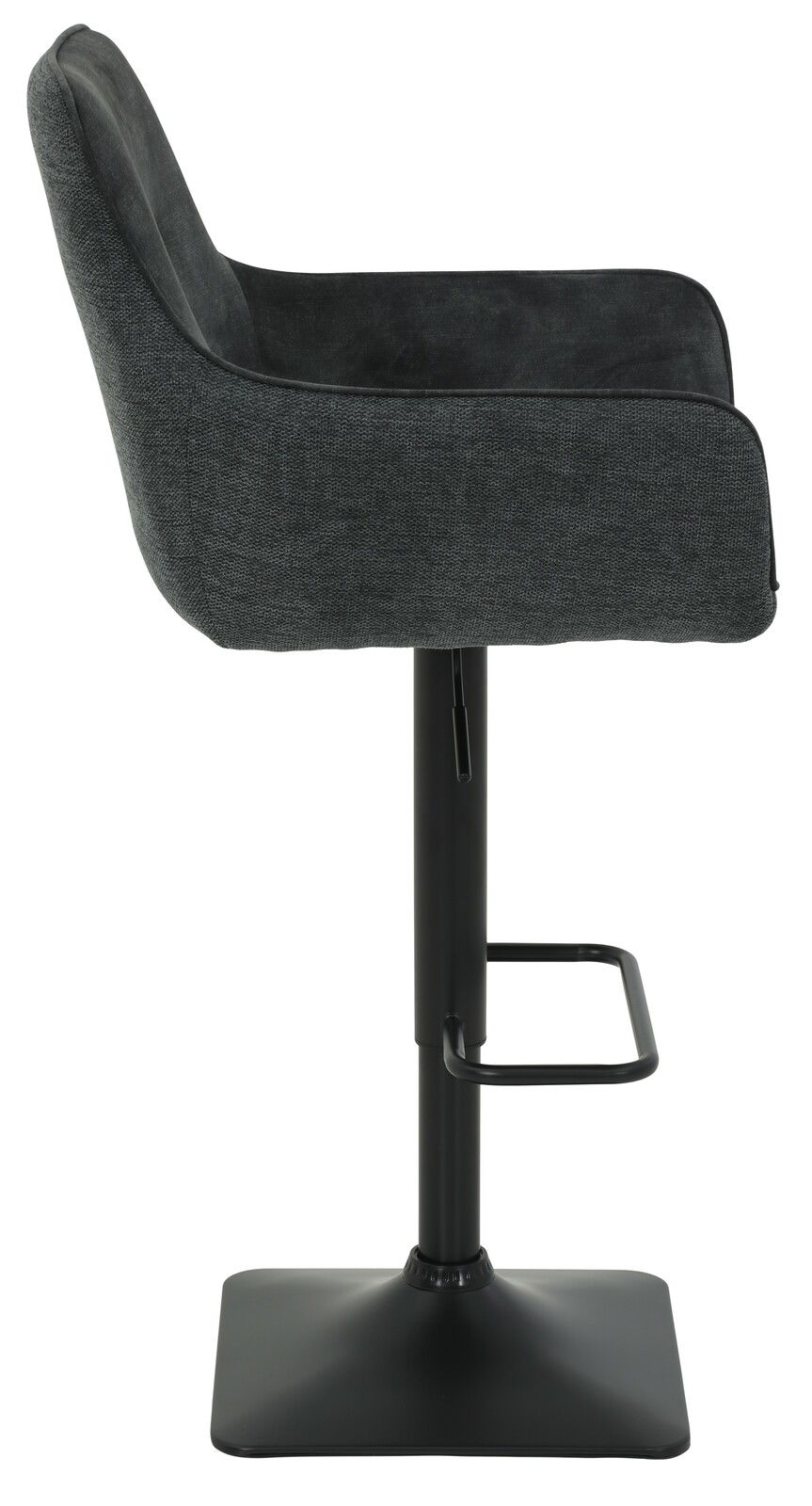 Seitenansicht eines modernen Barhockers mit schwarzem Gestell und gepolstertem Sitz in dunklem Stoff.