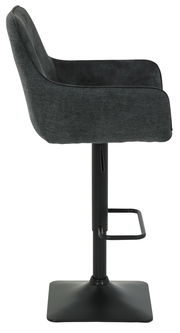 Seitenansicht eines modernen Barhockers mit schwarzem Gestell und gepolstertem Sitz in dunklem Stoff.
