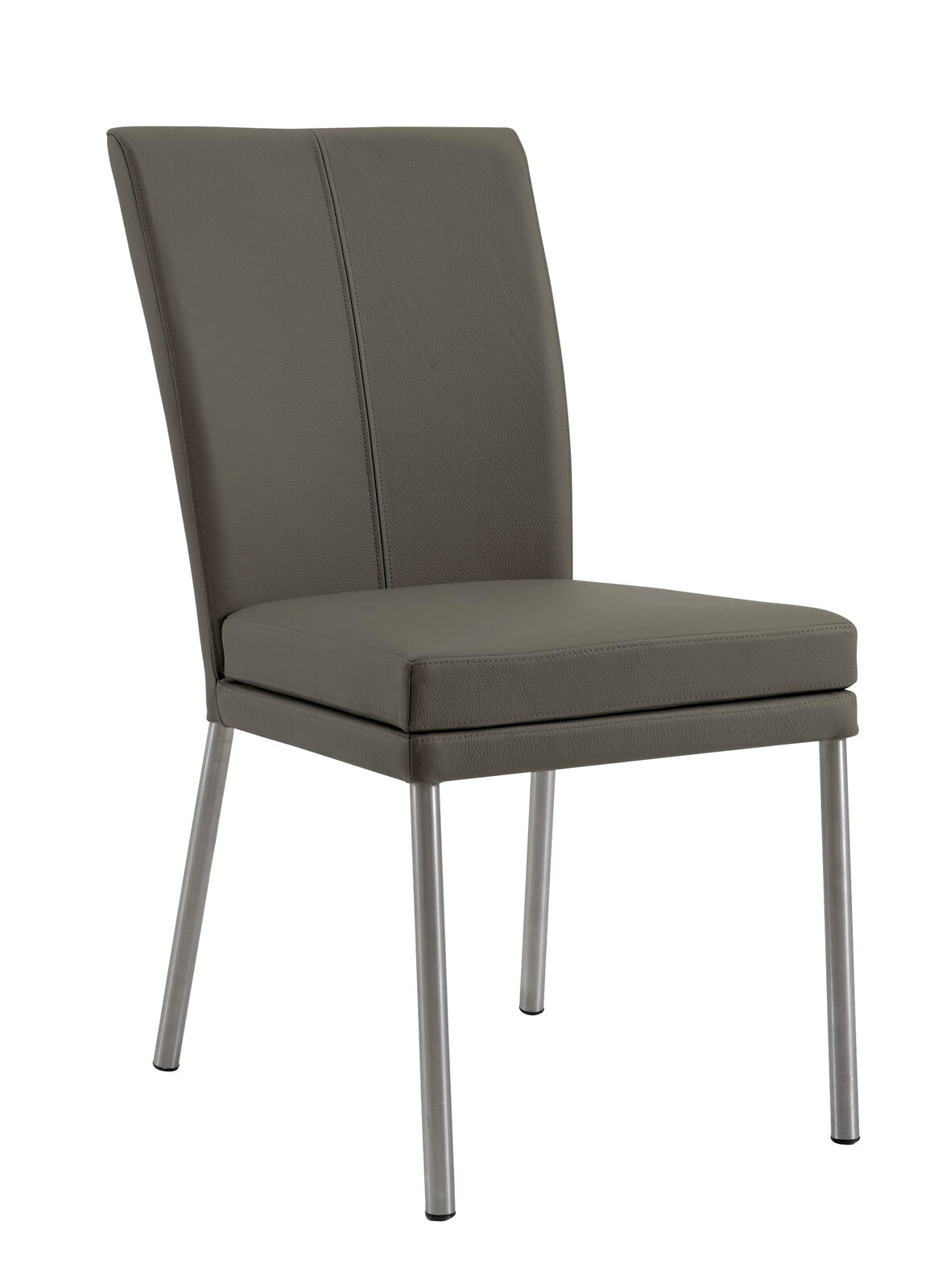 Moderner Stuhl mit grauem Polster und Metallbeinen, seitliche Perspektive