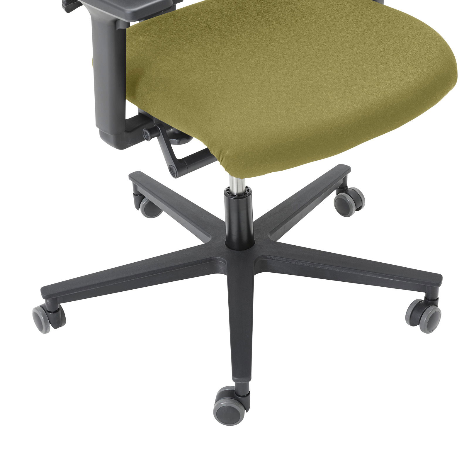 Bürostuhl mit grünem Sitzpolster und schwarzem Drehkreuz, seitliche Perspektive