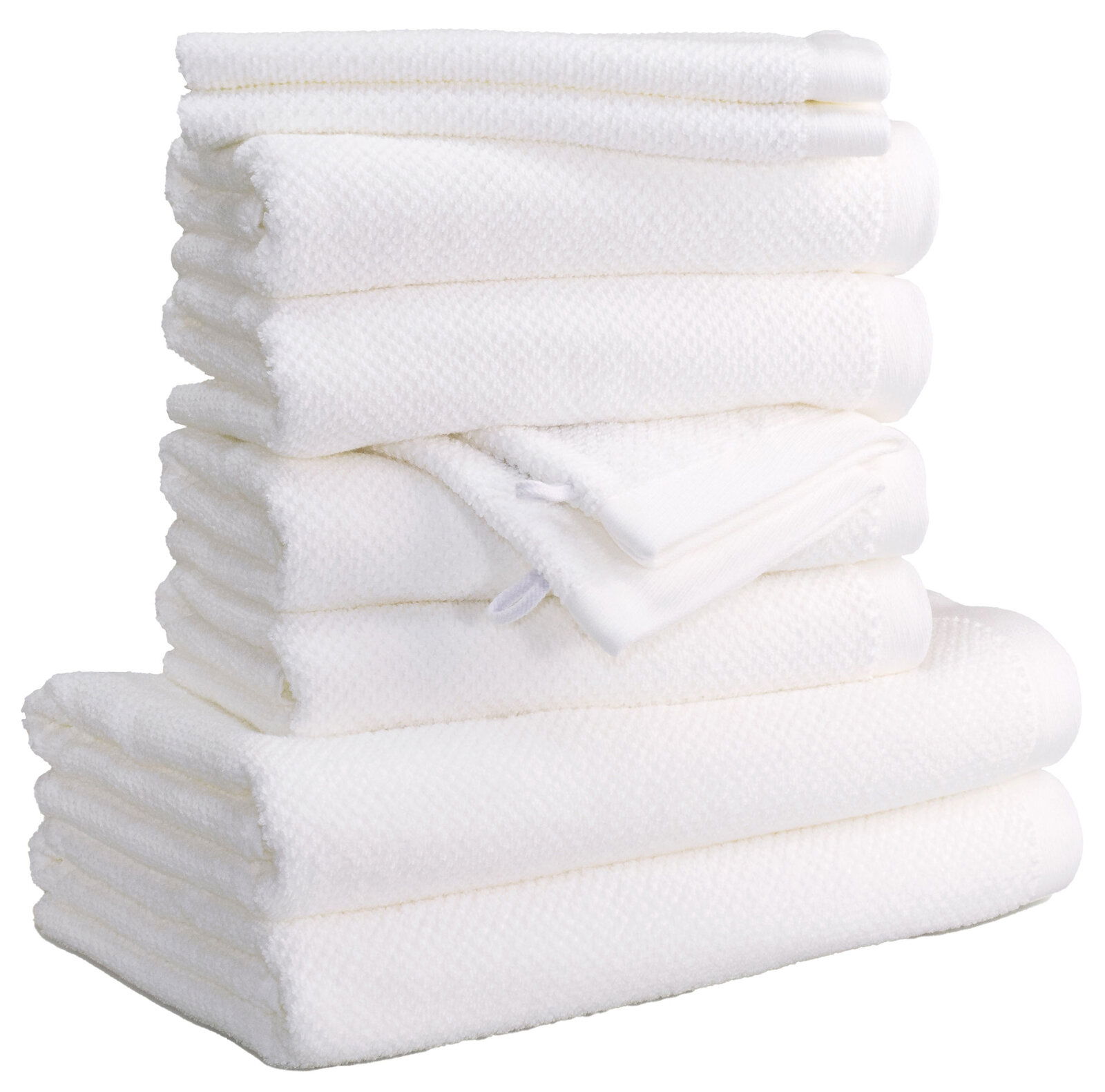 MÖVE Handtuchset 10-tlg. BLISS Ein Stapel weißer Handtücher, seitliche Perspektive