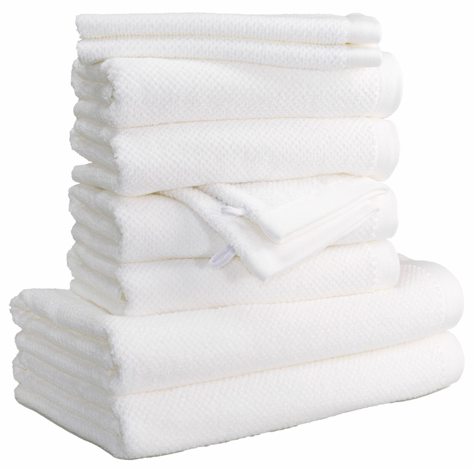 MÖVE Handtuchset 10-tlg. BLISS Ein Stapel weißer Handtücher, seitliche Perspektive