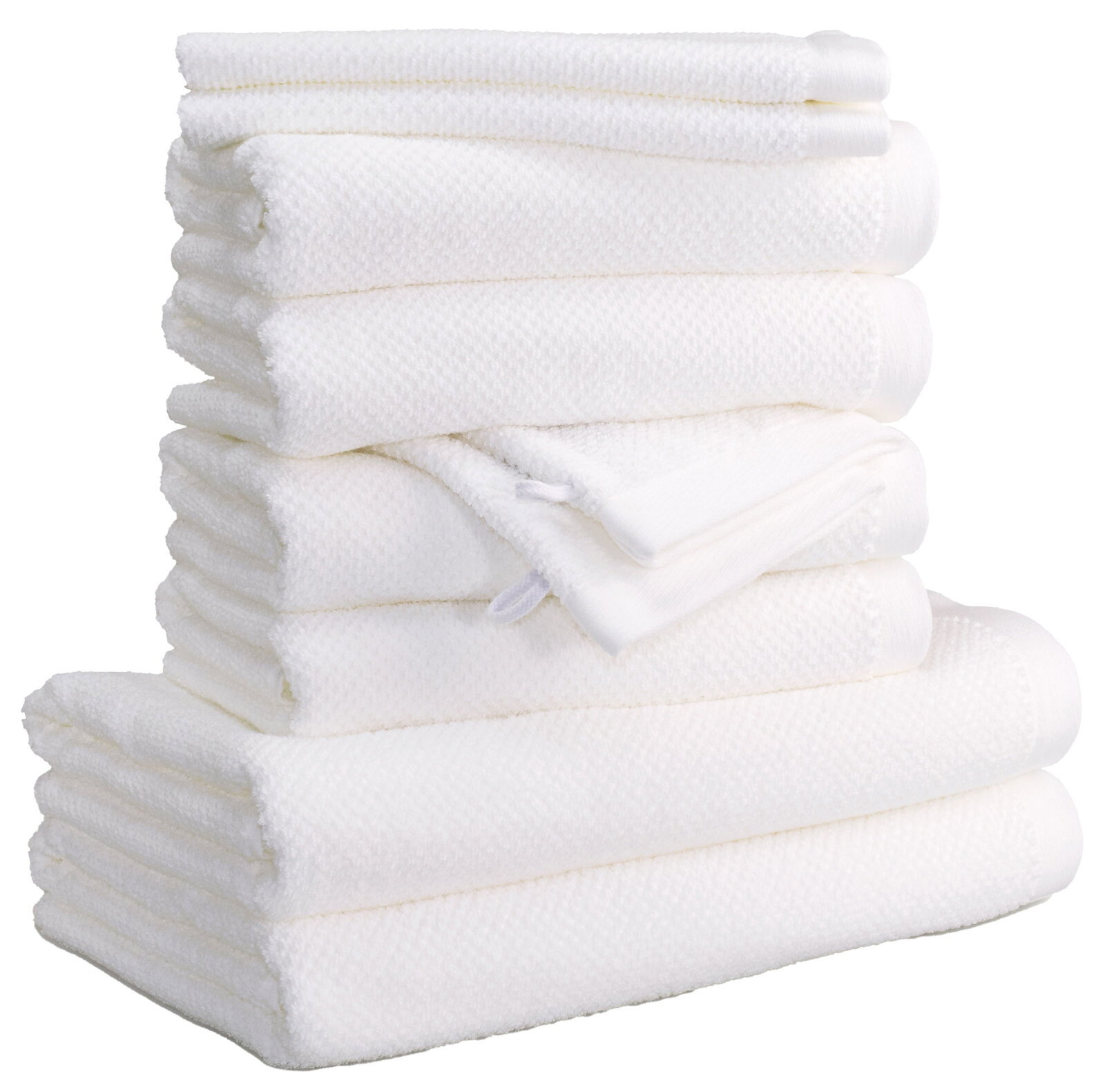MÖVE Handtuchset 10-tlg. BLISS Ein Stapel weißer Handtücher, seitliche Perspektive