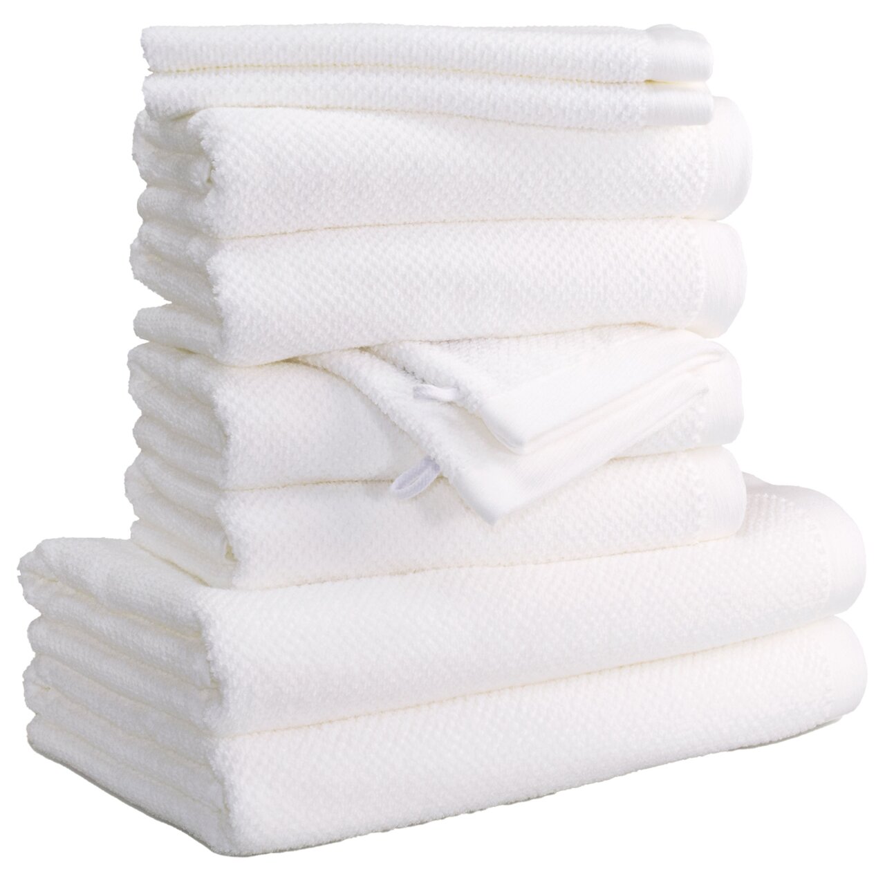 MÖVE Handtuchset 10-tlg. BLISS Ein Stapel weißer Handtücher, seitliche Perspektive