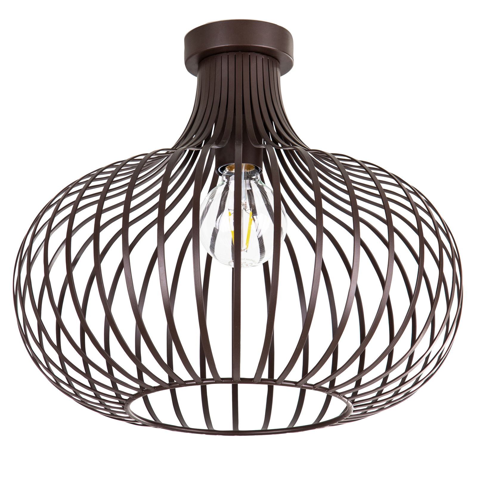Moderne Deckenleuchte mit braunem, drahtigem Design und sichtbarer Glühbirne, seitliche Perspektive