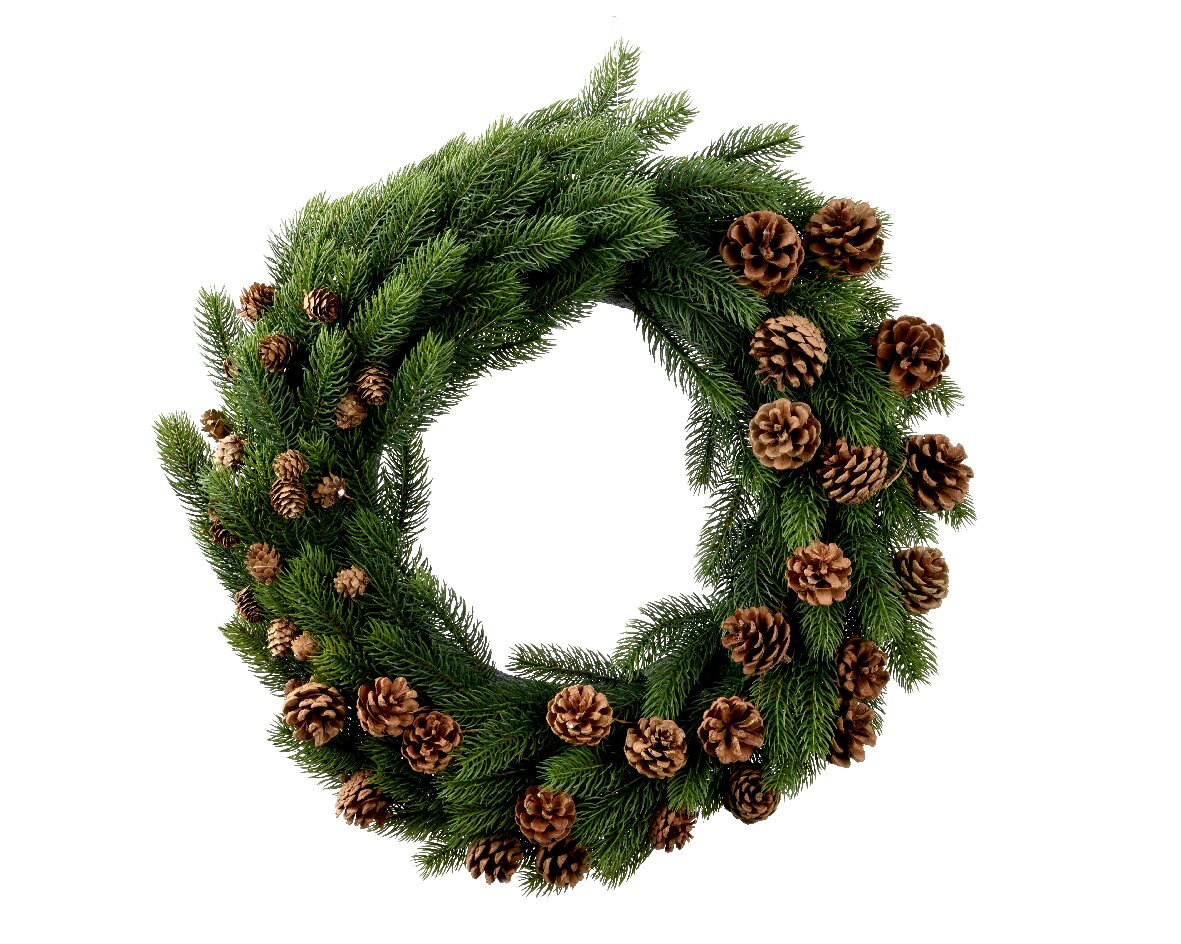 Zurbrüggen Weihnachtskranz Ø58cm Kranz aus grünen Tannenzweigen mit braunen Kiefernzapfen, von vorne betrachtet.