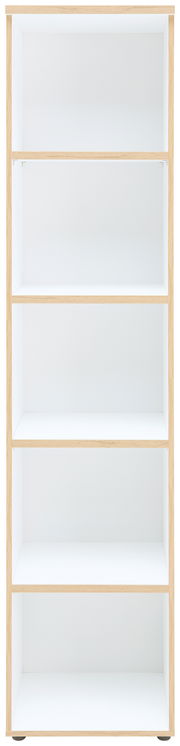 Schmales Regal mit fünf weißen Ablageflächen und hellem Holzrahmen, Frontalansicht