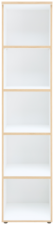 Schmales Regal mit fünf weißen Ablageflächen und hellem Holzrahmen, Frontalansicht