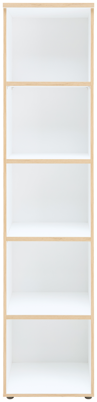 Schmales Regal mit fünf weißen Ablageflächen und hellem Holzrahmen, Frontalansicht