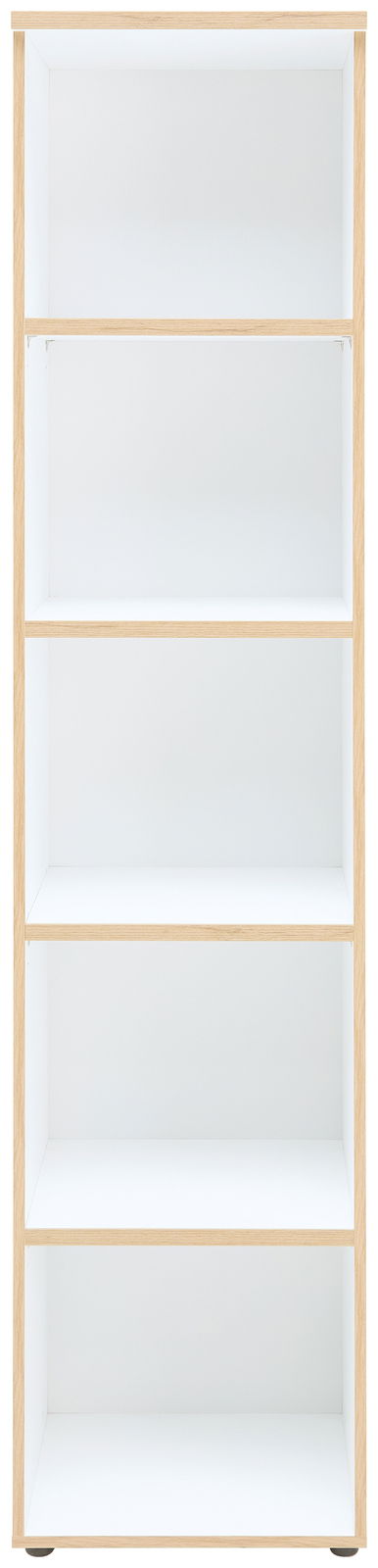 Schmales Regal mit fünf weißen Ablageflächen und hellem Holzrahmen, Frontalansicht