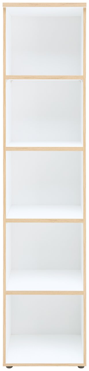 Schmales Regal mit fünf weißen Ablageflächen und hellem Holzrahmen, Frontalansicht