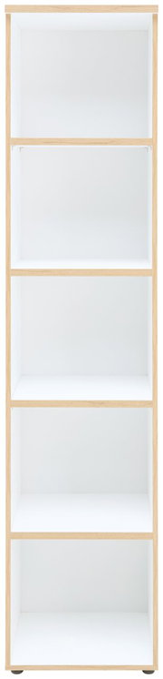Schmales Regal mit fünf weißen Ablageflächen und hellem Holzrahmen, Frontalansicht