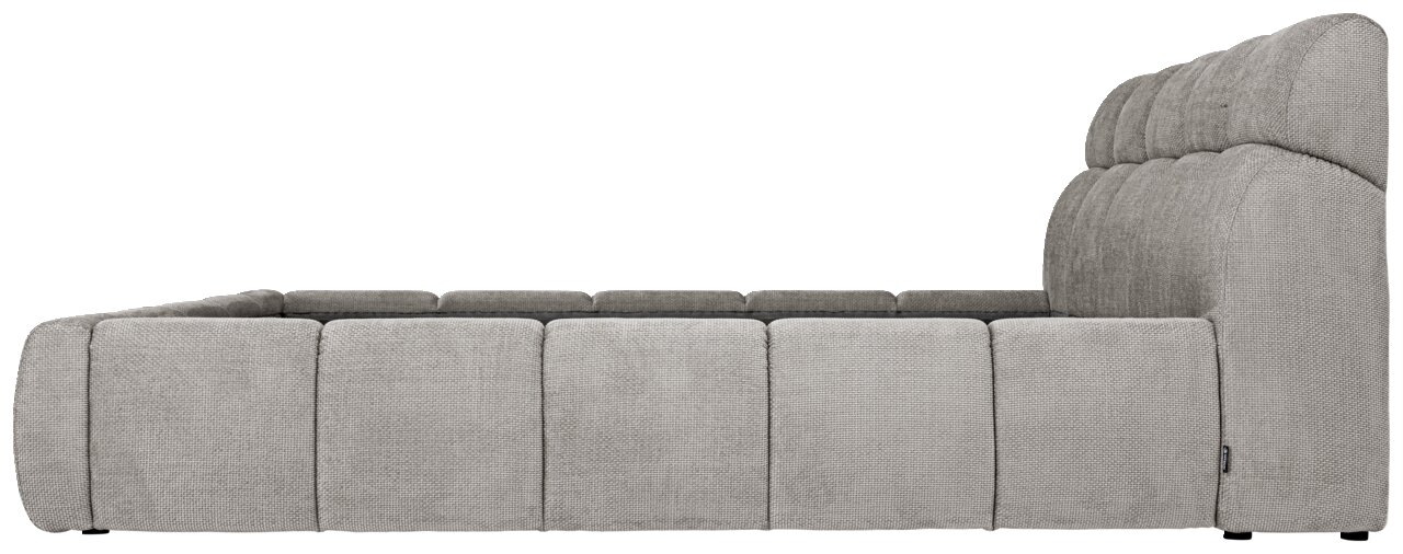 Seitenansicht eines grauen Polsterbettgestells mit gepolstertem Kopfteil.