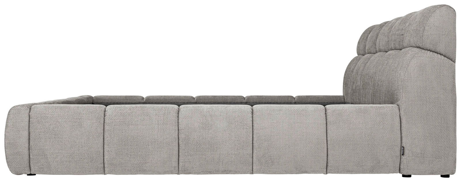 Seitenansicht eines grauen Polsterbettgestells mit gepolstertem Kopfteil.