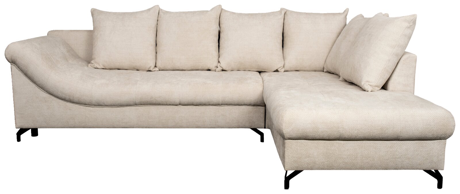 Beiges Ecksofa METZ mit rechter Ottomane, fünf Kissen und schwarzem Metallgestell, seitliche Perspektive.