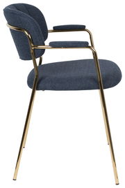 Seitenansicht eines Armlehnenstuhls mit blauem Stoffbezug und goldfarbenem Metallgestell.