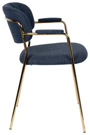 Seitenansicht eines Armlehnenstuhls mit blauem Stoffbezug und goldfarbenem Metallgestell.