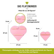 Infografik in Frontalansicht: rosafarbenes, herzförmiges Wandregal/Displayboard „Das Platzwunder“ mit Holzleisten, Vorbohrungen und Montagematerial; Maße ca. 27×27 cm (groß) und 17×17 cm (klein), Leistentiefe ca. 5 cm, Platz für ca. 26 Figuren.