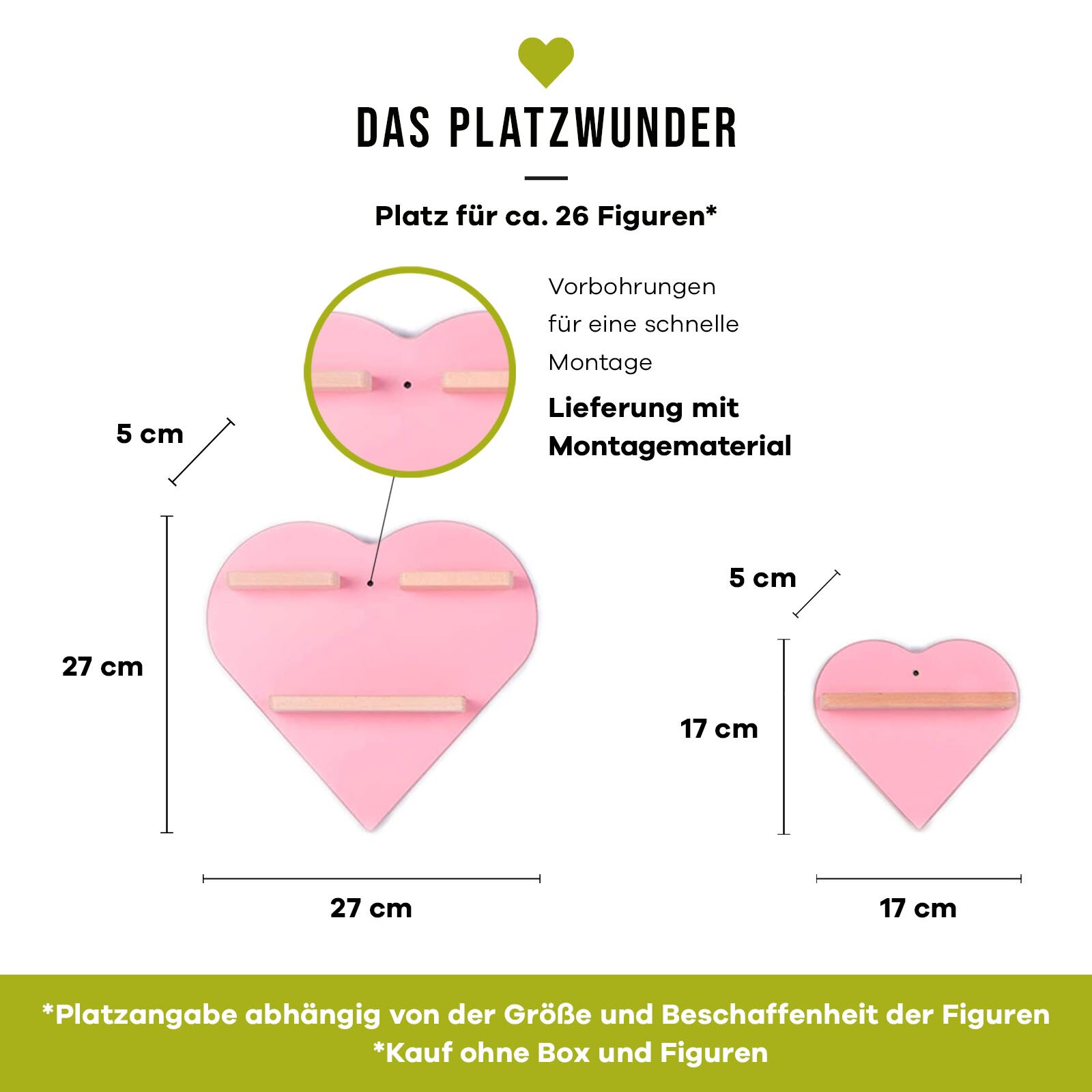 Infografik in Frontalansicht: rosafarbenes, herzförmiges Wandregal/Displayboard „Das Platzwunder“ mit Holzleisten, Vorbohrungen und Montagematerial; Maße ca. 27×27 cm (groß) und 17×17 cm (klein), Leistentiefe ca. 5 cm, Platz für ca. 26 Figuren.