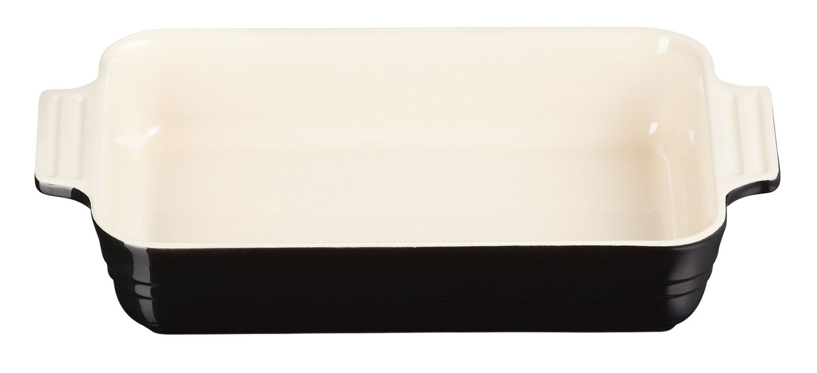 Schwarze Auflaufform 25cm mit cremefarbener Innenseite, Ansicht von oben