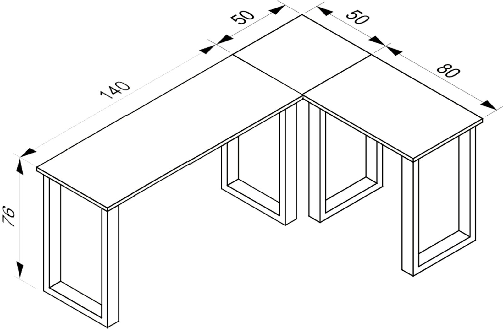 Technische Zeichnung eines L-förmigen Eckschreibtischs mit offenem Kufengestell und Maßangaben 140 × 80 × 76 cm sowie jeweils 50 cm tiefen Tischplatten, dargestellt in schräger Perspektive von oben.