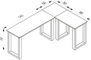 Technische Zeichnung eines L-förmigen Eckschreibtischs mit offenem Kufengestell und Maßangaben 140 × 80 × 76 cm sowie jeweils 50 cm tiefen Tischplatten, dargestellt in schräger Perspektive von oben.