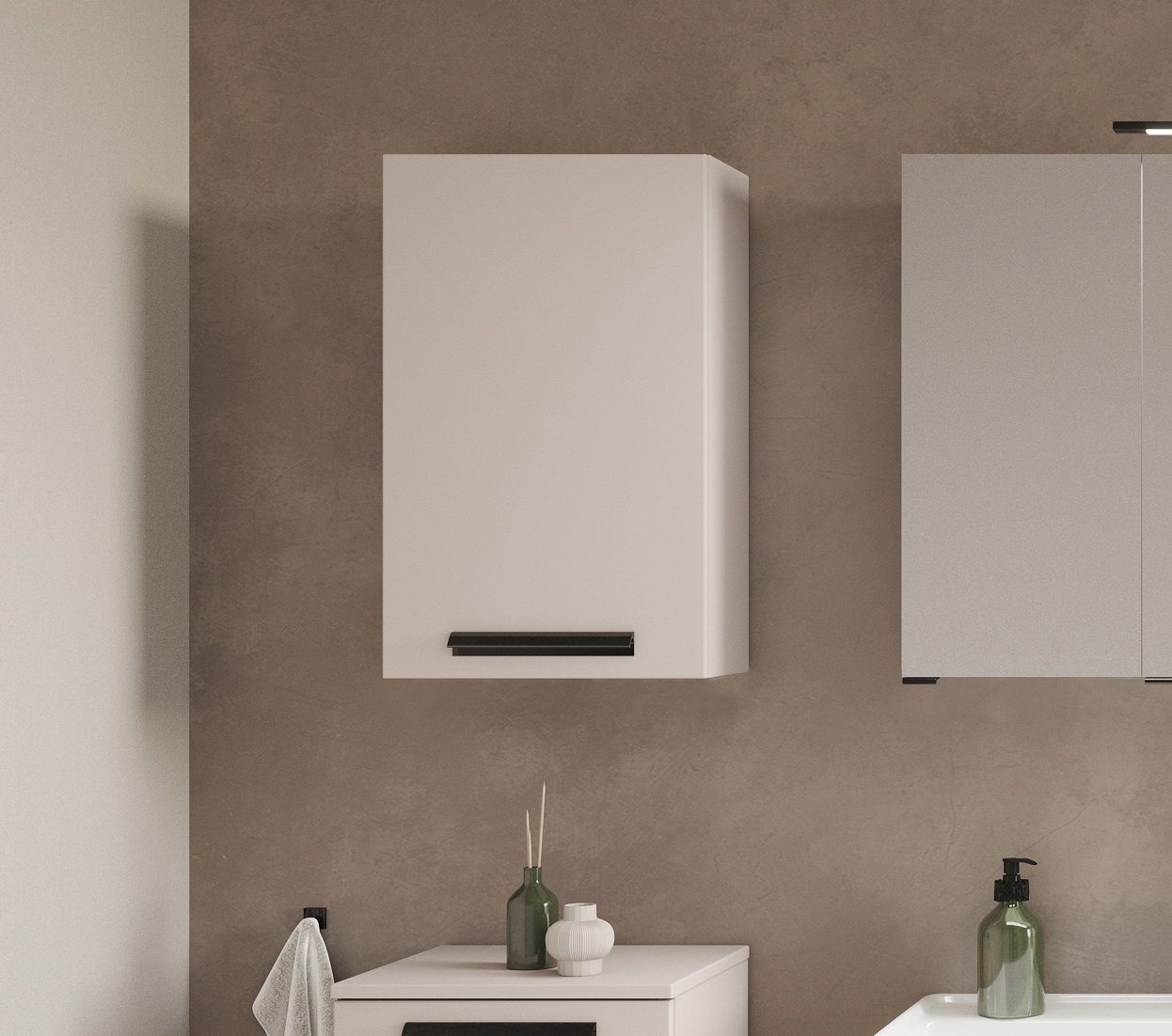 Moderner Hängeschrank in Weiß mit schwarzem Griff, frontal betrachtet, an einer beigen Wand montiert.