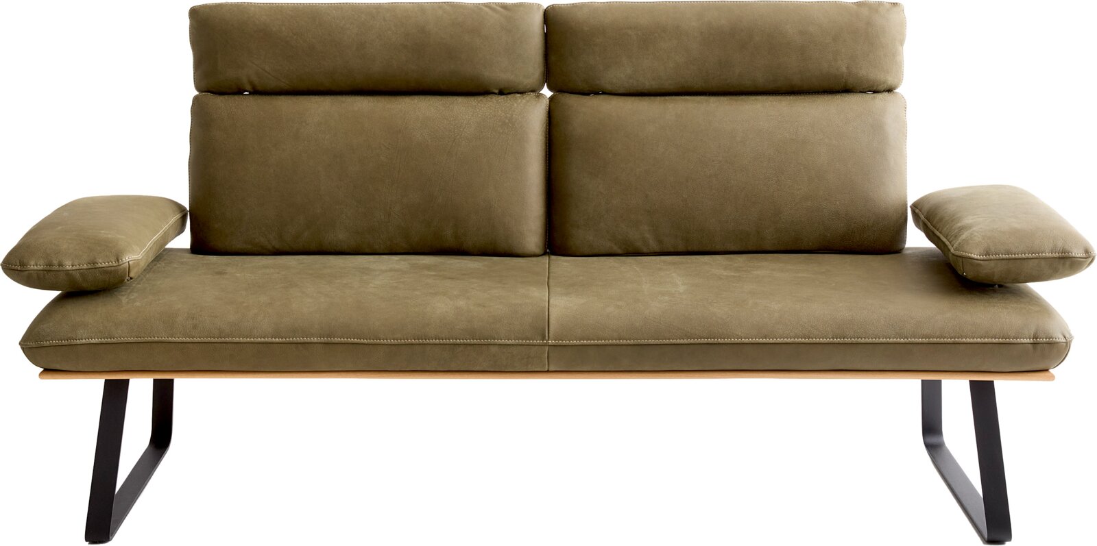 Olivegrünes 2-Sitzer Sofa mit gepolsterten Armlehnen, hoher geteilter Rückenlehne, Holzsockel und schwarzen Metallfüßen, Frontansicht