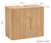 Holz-Badschrank/Waschbecken-Unterschrank in Eichenoptik mit zwei Türen und Aussparung oben für Siphon, Maße ca. 61 x 35 x 53 cm, Frontansicht leicht schräg von oben