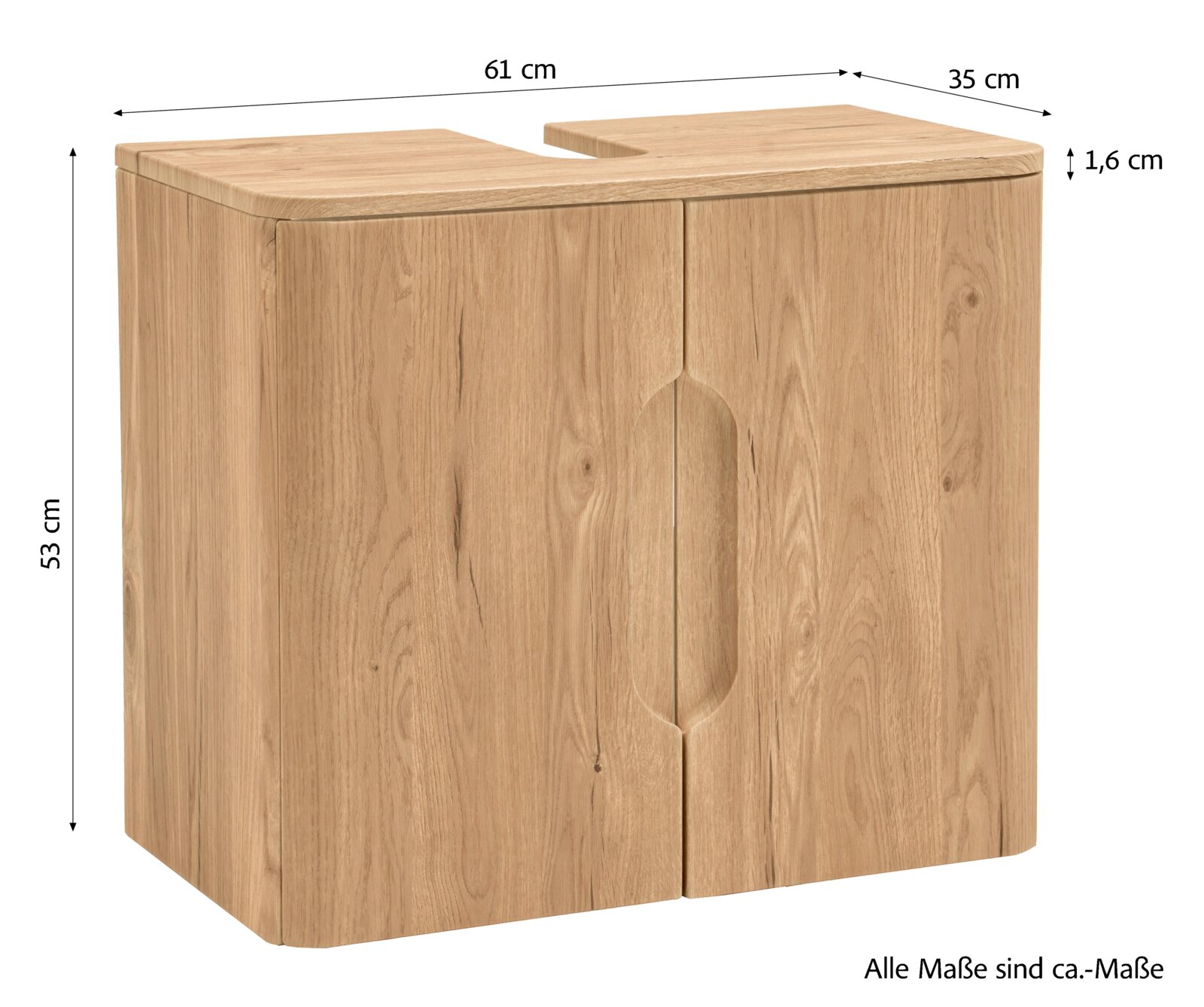 Holz-Badschrank/Waschbecken-Unterschrank in Eichenoptik mit zwei Türen und Aussparung oben für Siphon, Maße ca. 61 x 35 x 53 cm, Frontansicht leicht schräg von oben