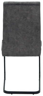 Rückansicht eines grauen Schwingstuhls mit schwarzem Metallgestell.