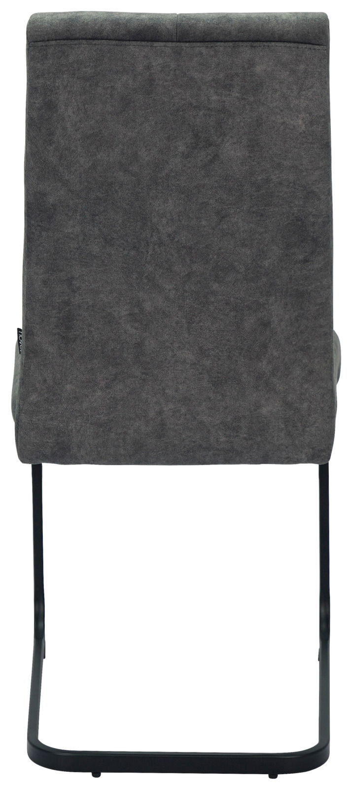 Rückansicht eines grauen Schwingstuhls mit schwarzem Metallgestell.