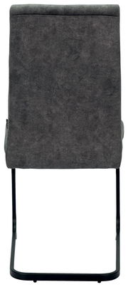 Rückansicht eines grauen Schwingstuhls mit schwarzem Metallgestell.