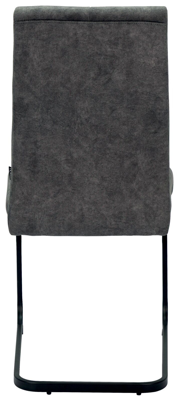 Rückansicht eines grauen Schwingstuhls mit schwarzem Metallgestell.