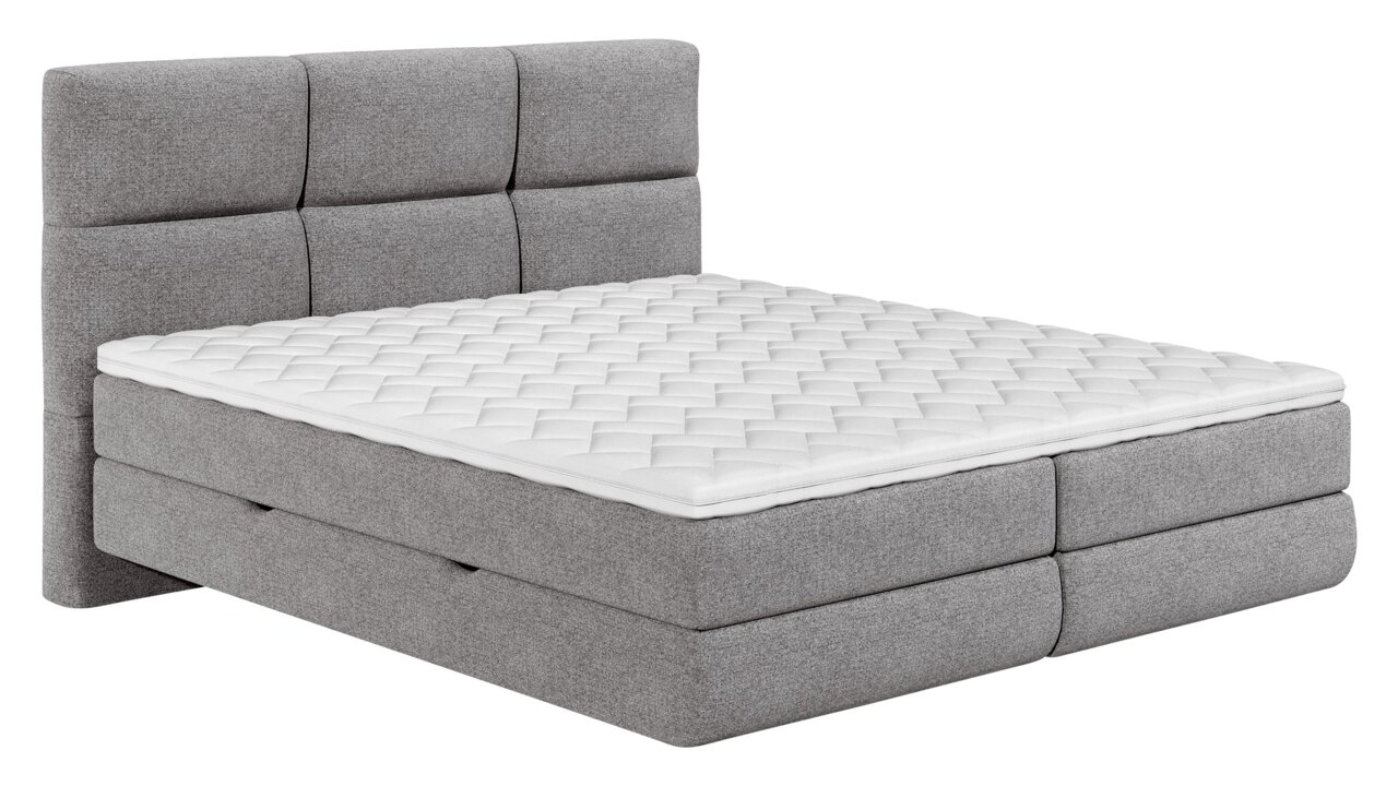 XORA Boxspringbed BENITO Grijs boxspringbed met gewatteerde witte topper, zijaanzicht
