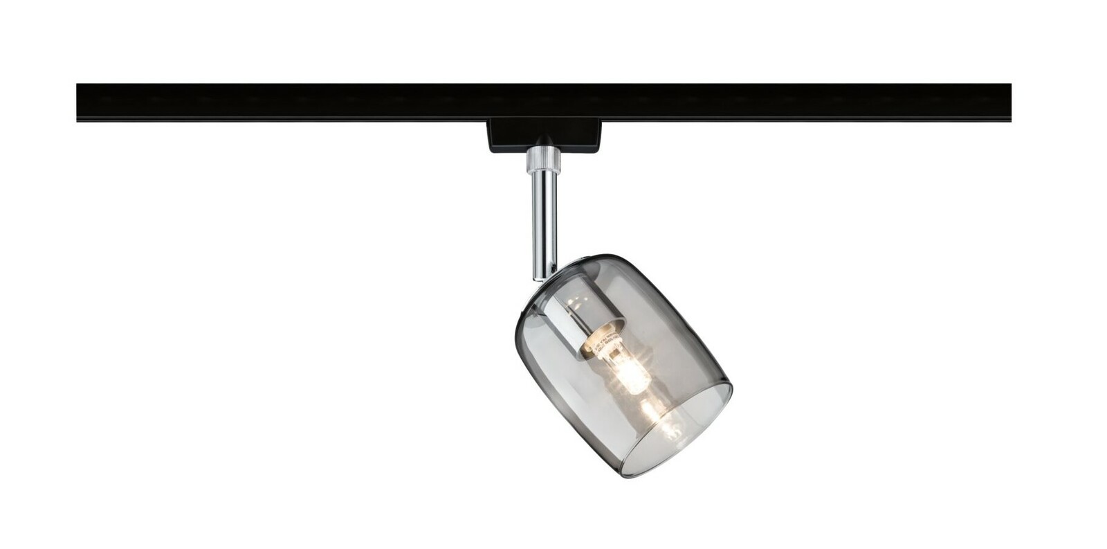 Schienenspot Blossom mit transparentem Glasschirm und sichtbarer Glühbirne, seitliche Perspektive