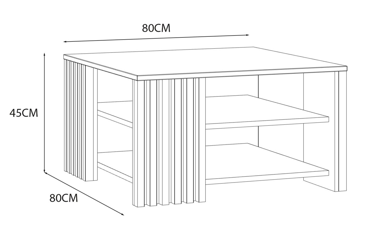 Z2 Salontafel CARDIGAN Skizze eines Couchtisches mit den Maßen 80x80x45 cm, perspektivisch von vorne links gezeigt, mit zwei Ablageflächen und vertikalen Streifen an den Seiten.