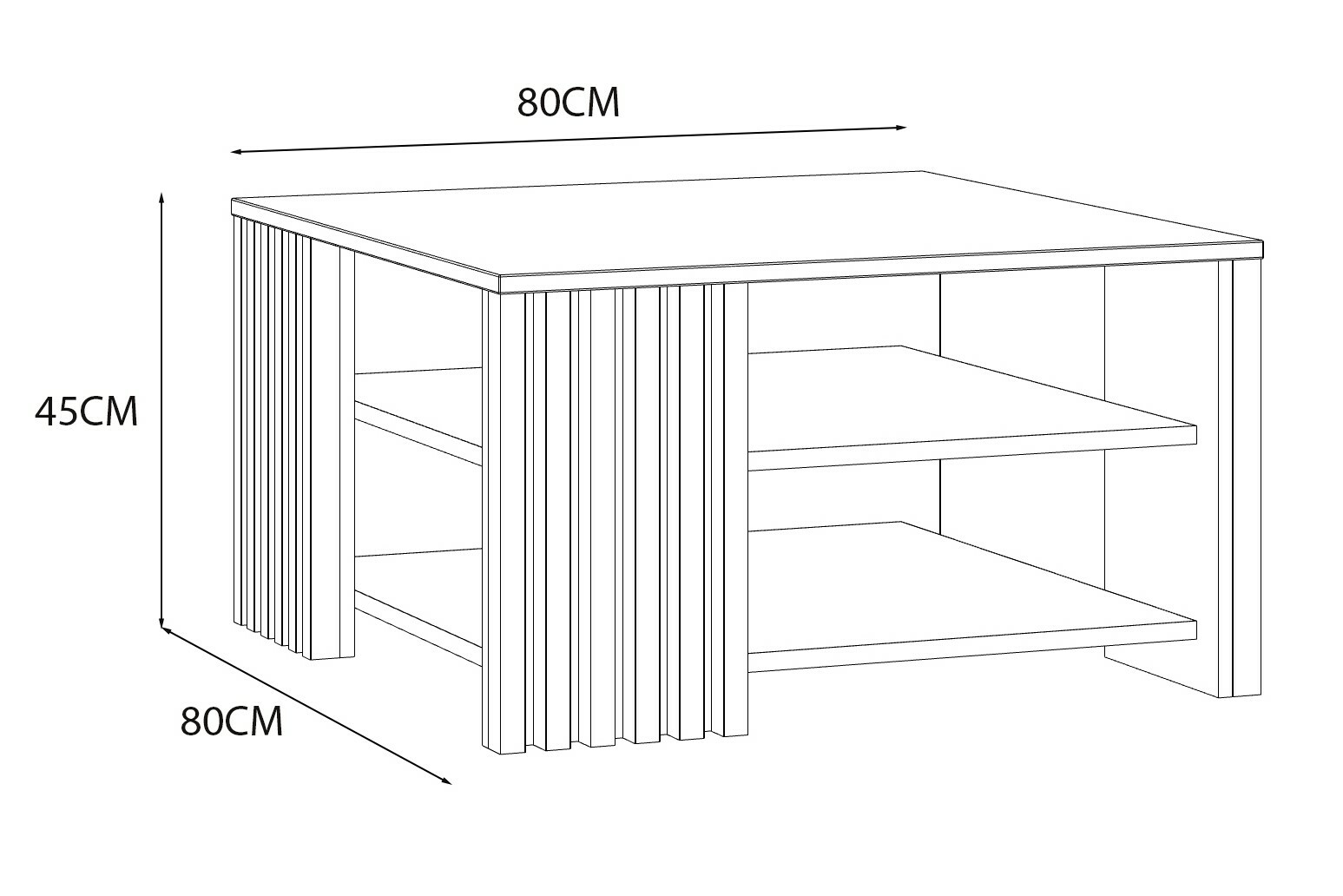 Skizze eines Couchtisches mit den Maßen 80x80x45 cm, perspektivisch von vorne links gezeigt, mit zwei Ablageflächen und vertikalen Streifen an den Seiten.