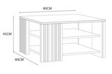 Skizze eines Couchtisches mit den Maßen 80x80x45 cm, perspektivisch von vorne links gezeigt, mit zwei Ablageflächen und vertikalen Streifen an den Seiten.