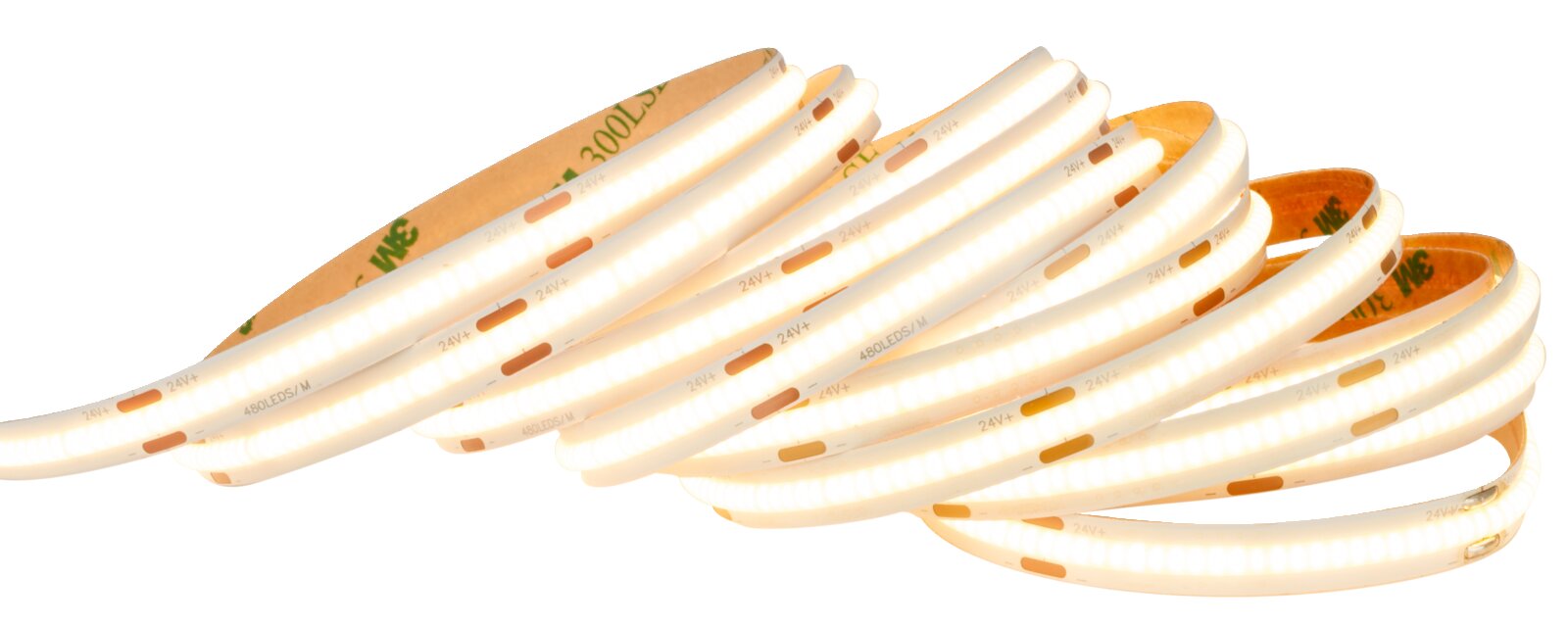 Leuchtender LED-Lichtstreifen (Flex-Strip) aufgerollt, warmweiß, 24V, in schräger Draufsicht auf weißem Hintergrund