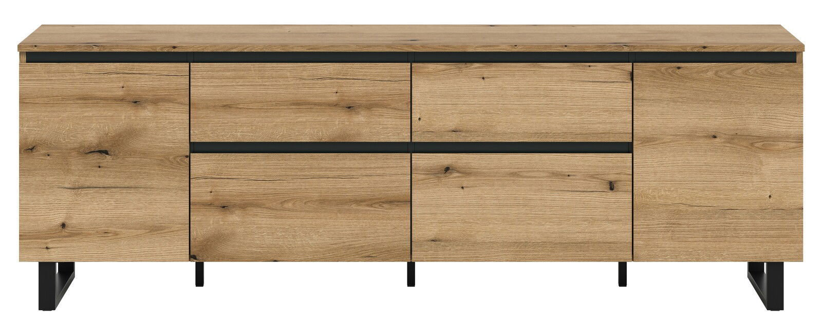 Frontale Ansicht eines modernen Lowboards aus Holz mit schwarzen Akzenten und Metallbeinen.