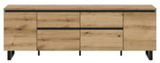 Frontale Ansicht eines modernen Lowboards aus Holz mit schwarzen Akzenten und Metallbeinen.